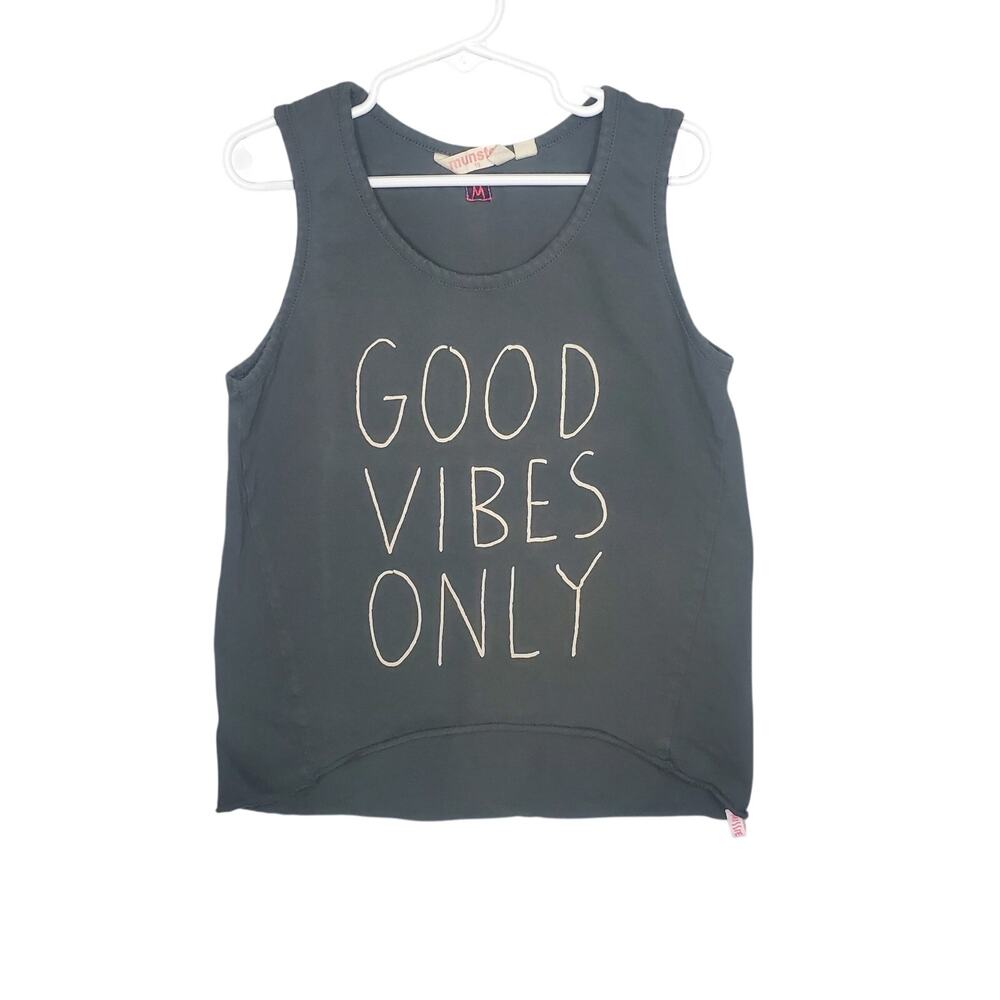Munster Size 10 Good Vibes Only Grey Kids Tank Top 100% Cotton Sleeveless Shirt